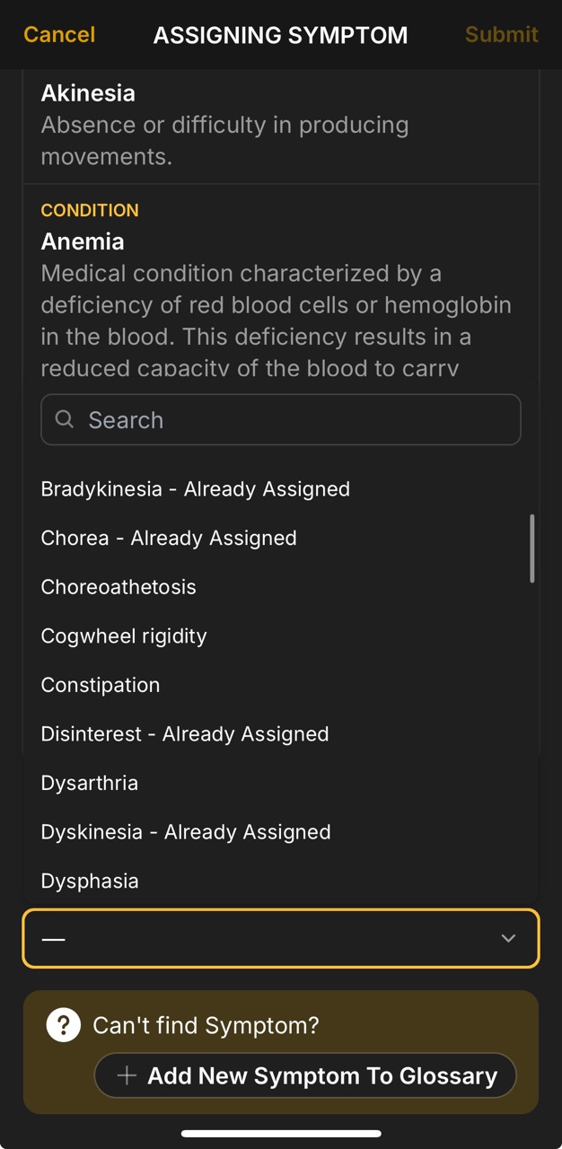 Symptoms Page (Assign Symptom From Glossary)